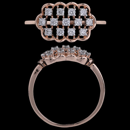 Rose gold designer ring by jnjbymadhuri featuring a geometric lattice pattern set with sparkling white diamonds, displayed from top and side angles on a black background.
