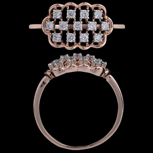Rose gold designer ring by jnjbymadhuri featuring a geometric lattice pattern set with sparkling white diamonds, displayed from top and side angles on a black background.
