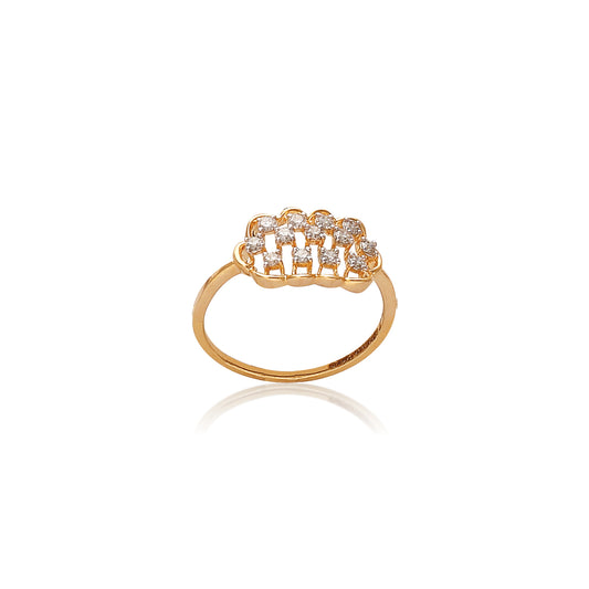 Contemporary gold ring by jnjbymadhuri featuring an intricate lattice-style design adorned with sparkling diamonds, photographed on a white background with a soft reflection.
