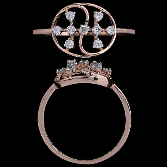 Elegant rose gold ring by jnjbymadhuri featuring a circular face with a symmetrical diamond-studded floral pattern, displayed on a black background with both top and side views
