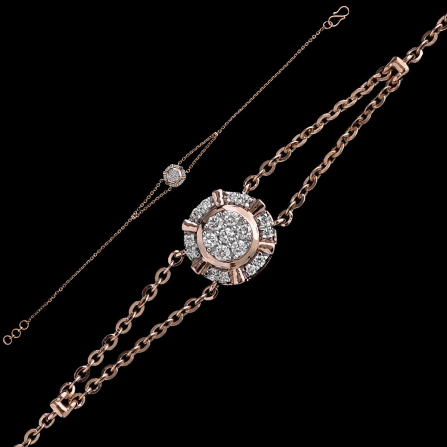 Elegant rose gold bracelet with a floral-inspired diamond centerpiece and dual-chain design from jnjbymadhuri, displayed on a black background.
