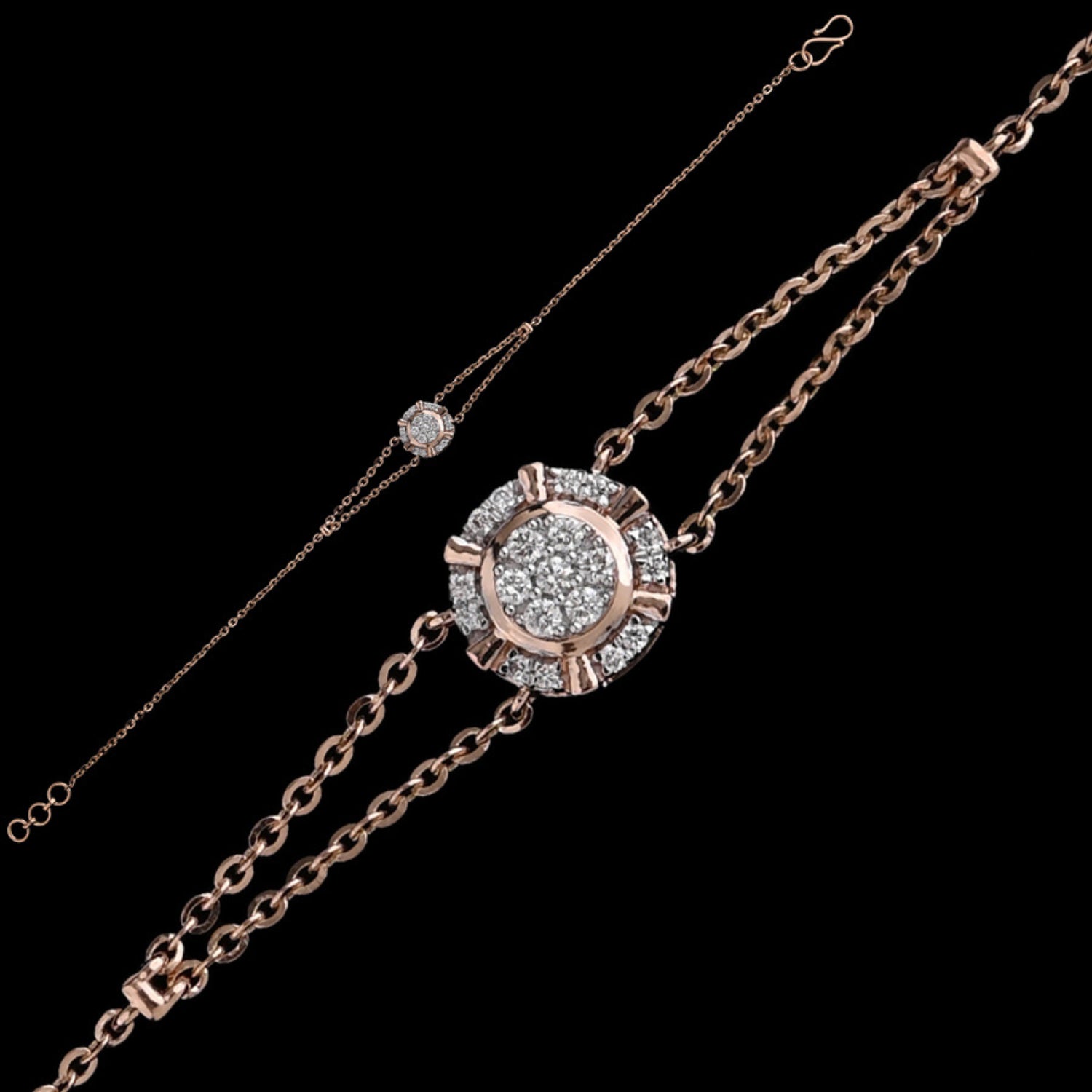 Elegant rose gold bracelet with a floral-inspired diamond centerpiece and dual-chain design from jnjbymadhuri, displayed on a black background.
