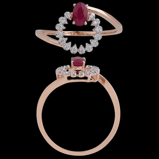 Elegant rose gold ring featuring a marquise-cut ruby center surrounded by a halo of sparkling diamonds. A stunning piece of fine craftsmanship by jnjbymadhuri.