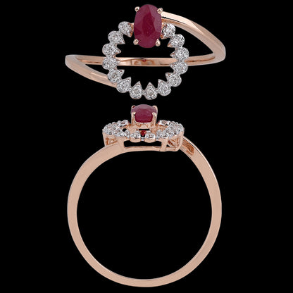 Elegant rose gold ring featuring a marquise-cut ruby center surrounded by a halo of sparkling diamonds. A stunning piece of fine craftsmanship by jnjbymadhuri.
