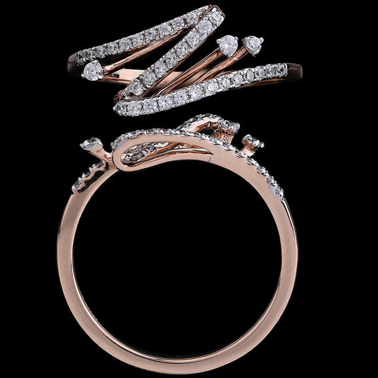 This ring from jnjbymadhuri features an artistic and fluid design, with multiple diamond-studded strands that intertwine in an elegant, organic flow. Set in rose gold, the ring conveys movement and grace, resembling the delicate unfurling of leaves or waves. It’s a distinctive statement piece for those who love nature-inspired or avant-garde jewelry.
