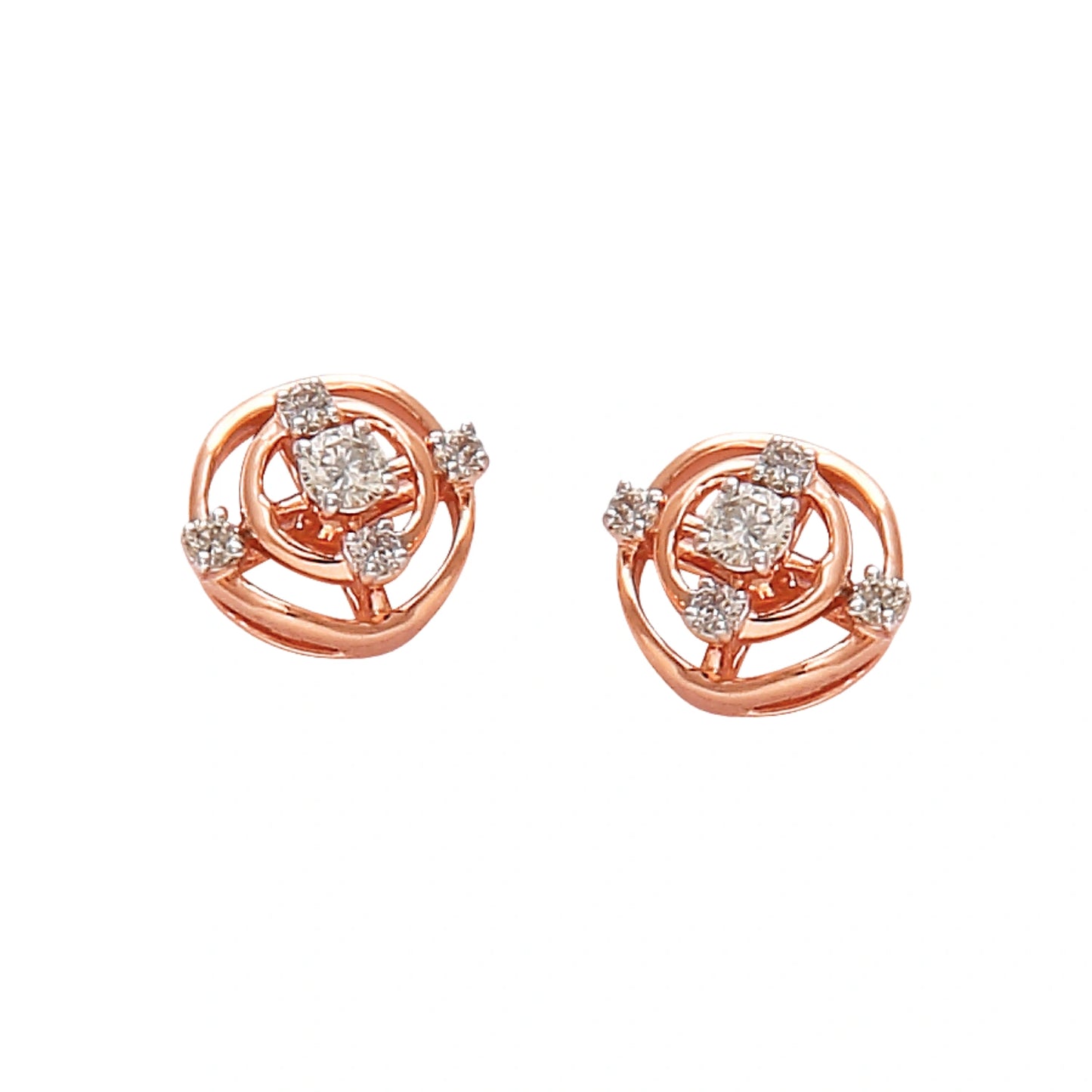 "Pair of rose gold stud earrings with a floral-inspired spiral design, featuring a central round diamond surrounded by smaller diamonds on a white background."

