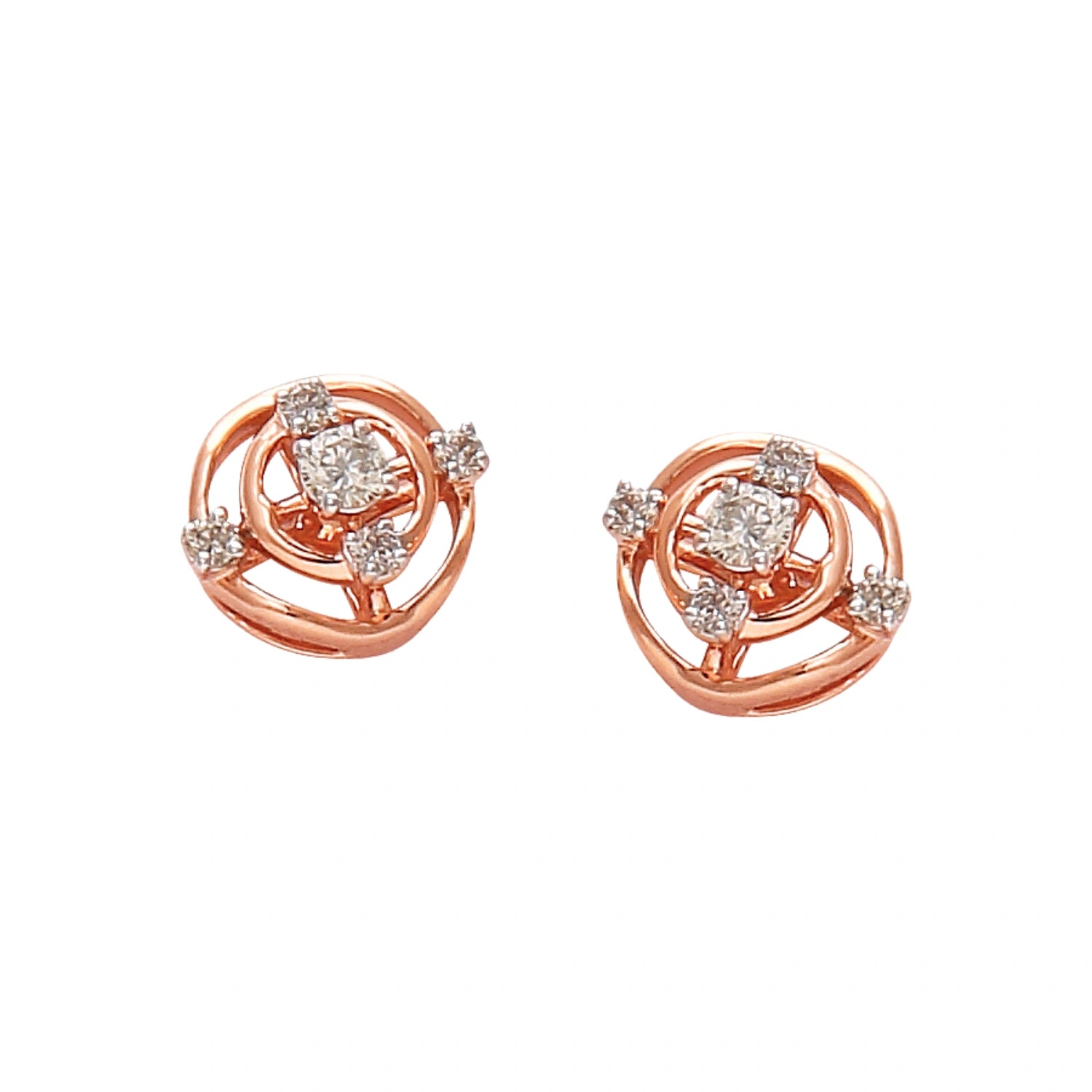 "Pair of rose gold stud earrings with a floral-inspired spiral design, featuring a central round diamond surrounded by smaller diamonds on a white background."
