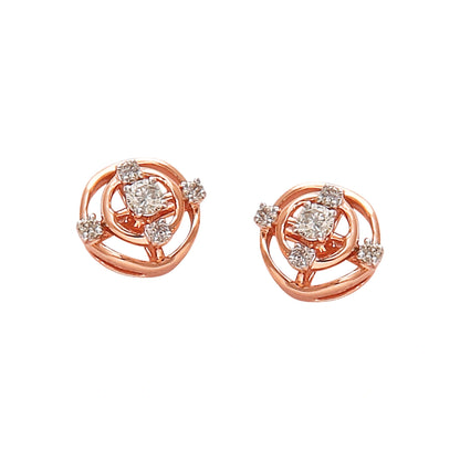 "Pair of rose gold stud earrings with a floral-inspired spiral design, featuring a central round diamond surrounded by smaller diamonds on a white background."
