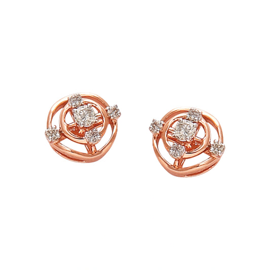 "Pair of rose gold stud earrings with a floral-inspired spiral design, featuring a central round diamond surrounded by smaller diamonds on a white background."
