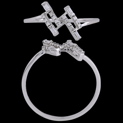 Contemporary silver ring featuring a geometric diamond-studded double-bar design, exuding modern elegance. A timeless accessory crafted with finesse by jnjbymadhuri.
