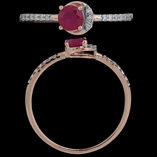 Elegant rose gold ring with a prominent round red gemstone at the center, accented by small white stones along the band, shown from top and side views against a black background.
