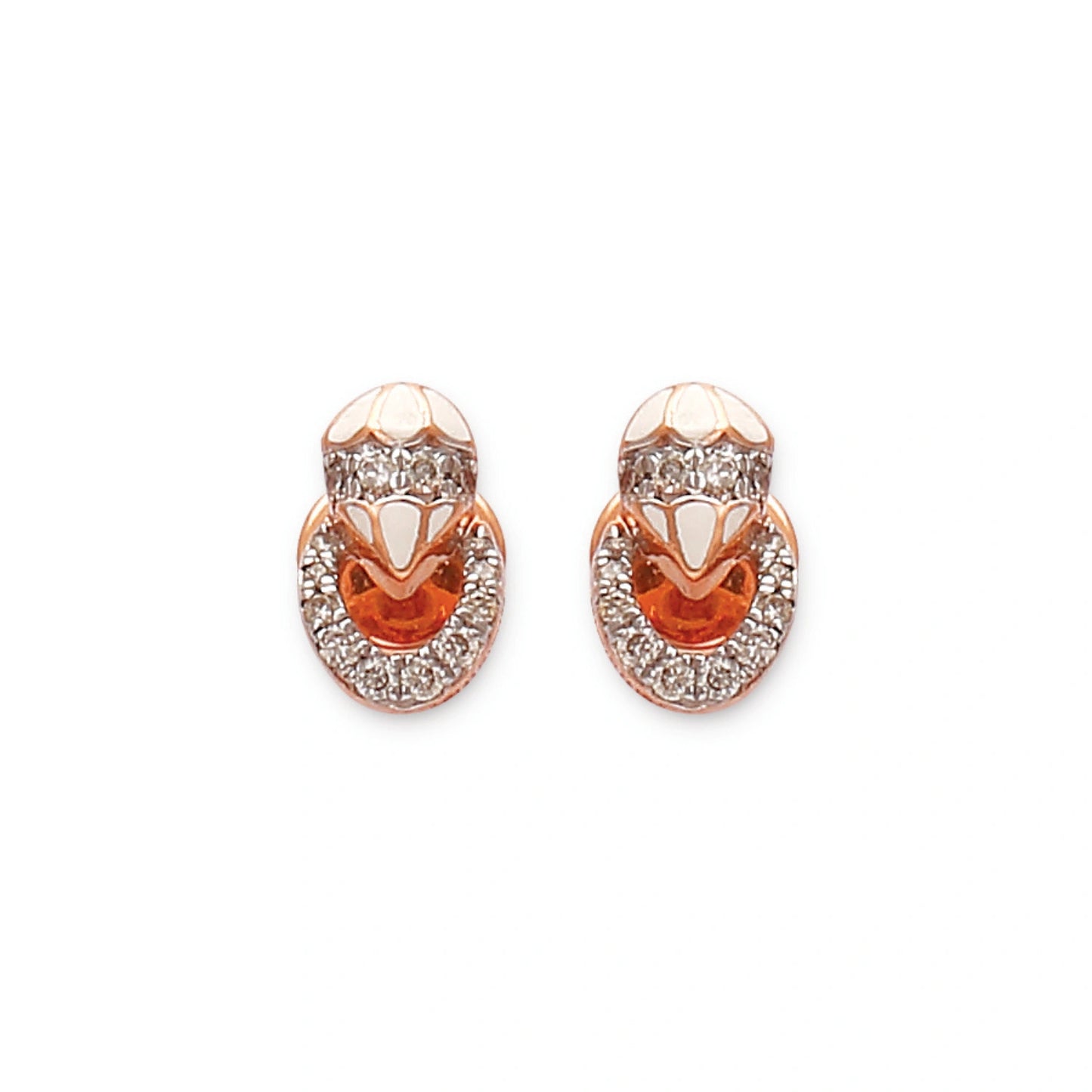 These elegant rose gold earrings from jnjbymadhuri feature a unique layered loop design encrusted with sparkling stones, blending sophistication and charm for a timeless statement accessory.
