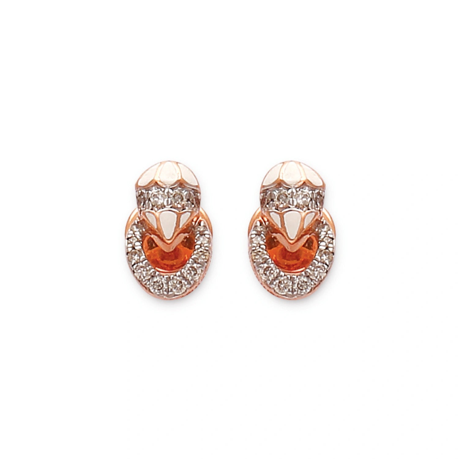 These elegant rose gold earrings from jnjbymadhuri feature a unique layered loop design encrusted with sparkling stones, blending sophistication and charm for a timeless statement accessory.
