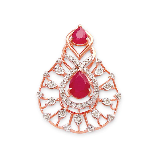 Intricately designed rose gold pendant with dual ruby teardrop stones and diamond accents by jnjbymadhuri, displayed on a white background.
