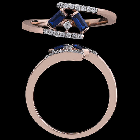 Elegant rose gold ring with a geometric design, featuring deep blue baguette stones and sparkling diamonds. A bold and refined creation by jnjbymadhuri.

