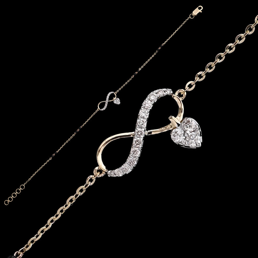 Dainty mangalsutra bracelet with a diamond-studded infinity charm and sparkling heart pendant, blending timeless symbolism with contemporary elegance. Crafted with love by jnjbymadhuri.
