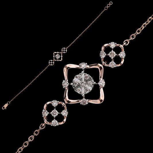 Elegant bracelet featuring a floral-inspired diamond motif with a central square stone and intricate circular designs. A stunning expression of craftsmanship by jnjbymadhuri.

