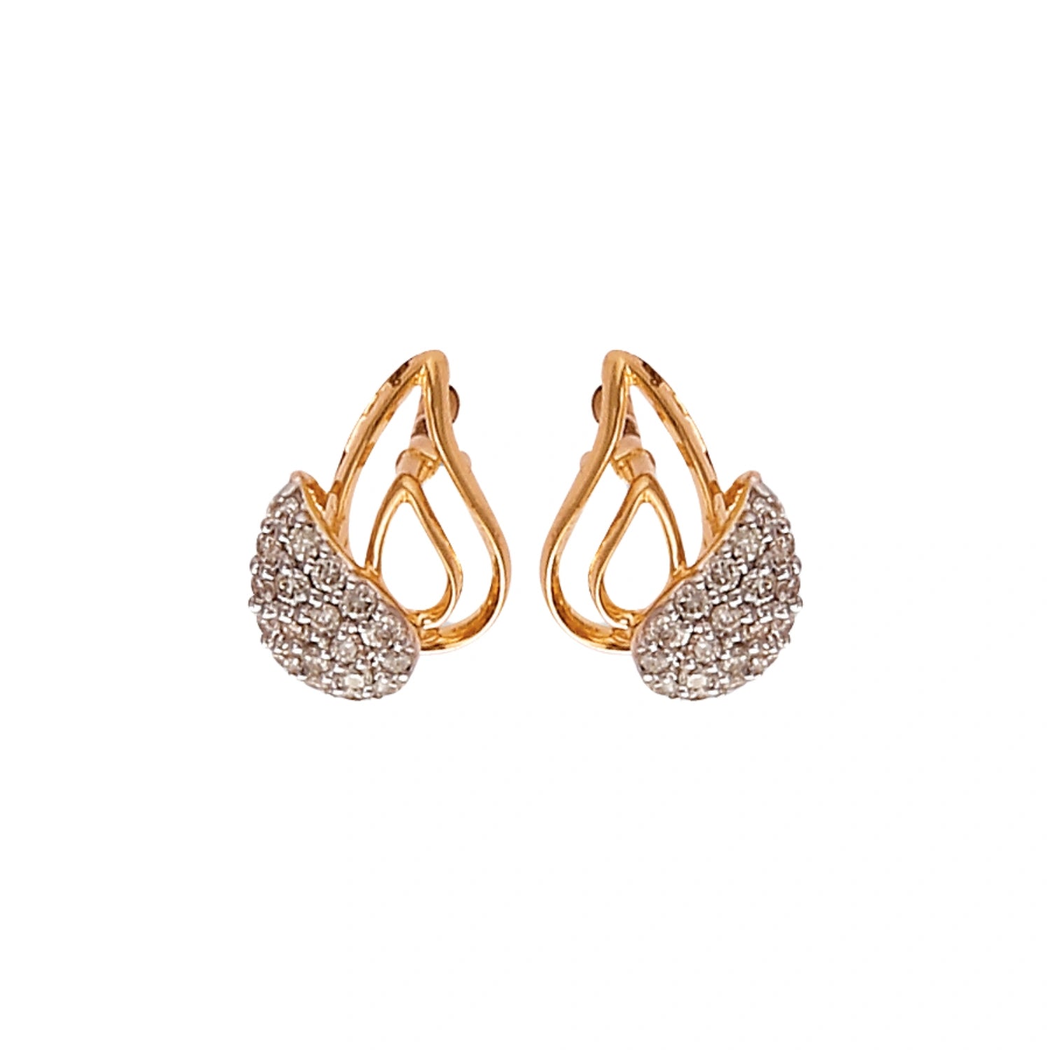 "Pair of gold teardrop-shaped stud earrings from jnjbymadhuri, featuring an open loop design with the lower portion encrusted with small white diamonds, displayed on a white background."
