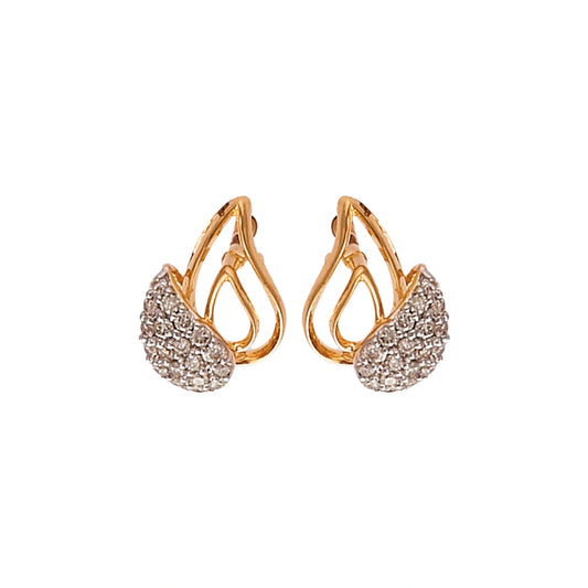 "Pair of gold teardrop-shaped stud earrings from jnjbymadhuri, featuring an open loop design with the lower portion encrusted with small white diamonds, displayed on a white background."
