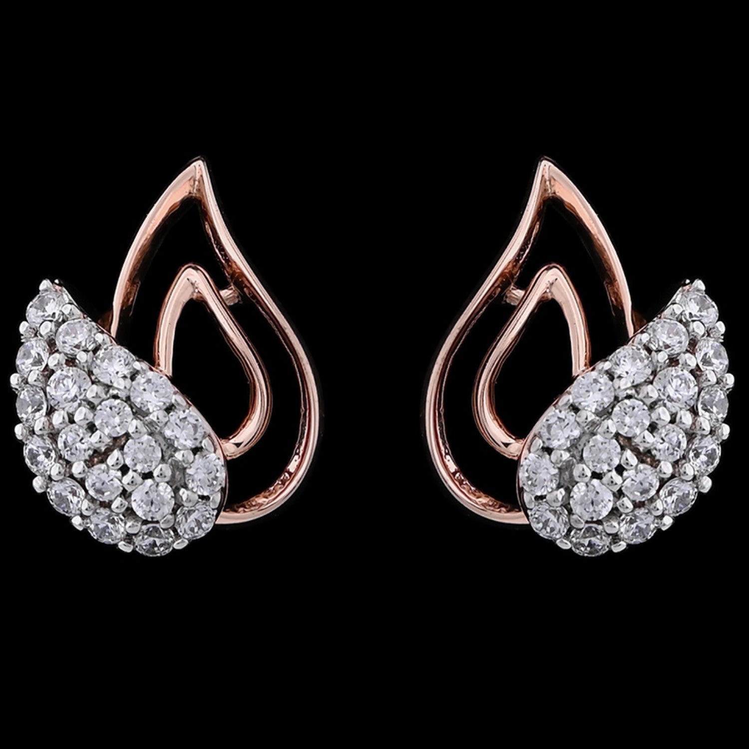 "Elegant teardrop-shaped earrings from jnjbymadhuri with a rose gold open loop design, adorned with clusters of white diamonds on the lower half, set against a black background."
