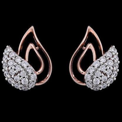 "Elegant teardrop-shaped earrings from jnjbymadhuri with a rose gold open loop design, adorned with clusters of white diamonds on the lower half, set against a black background."
