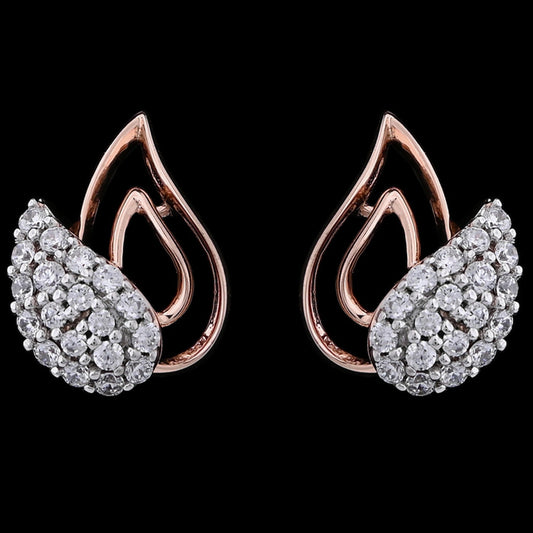 "Elegant teardrop-shaped earrings from jnjbymadhuri with a rose gold open loop design, adorned with clusters of white diamonds on the lower half, set against a black background."
