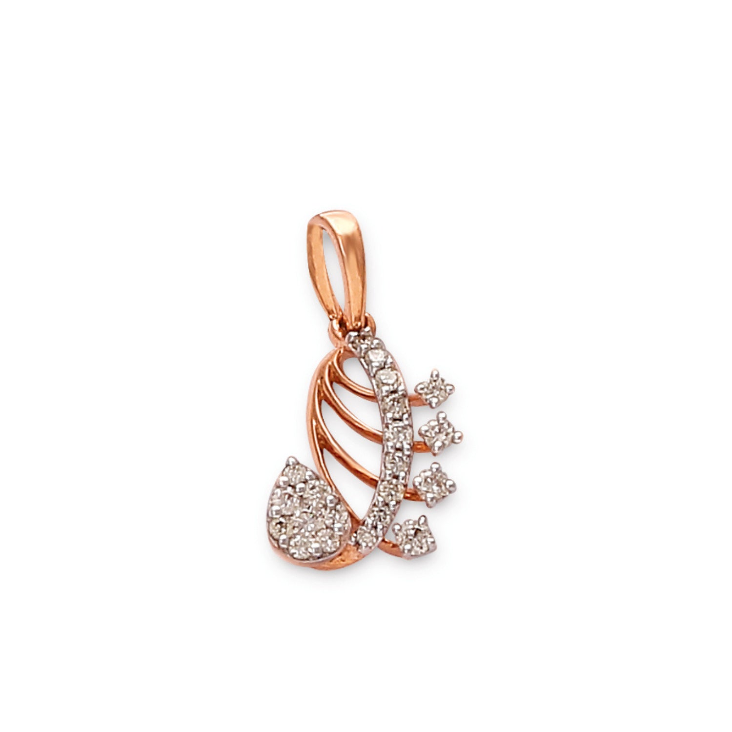Elegant rose gold pendant by jnjbymadhuri, designed in a stylized paisley shape adorned with sparkling white stones along the curve and floral elements, set against a white background.
