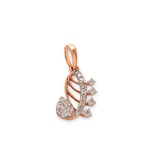 Elegant rose gold pendant by jnjbymadhuri, designed in a stylized paisley shape adorned with sparkling white stones along the curve and floral elements, set against a white background.

