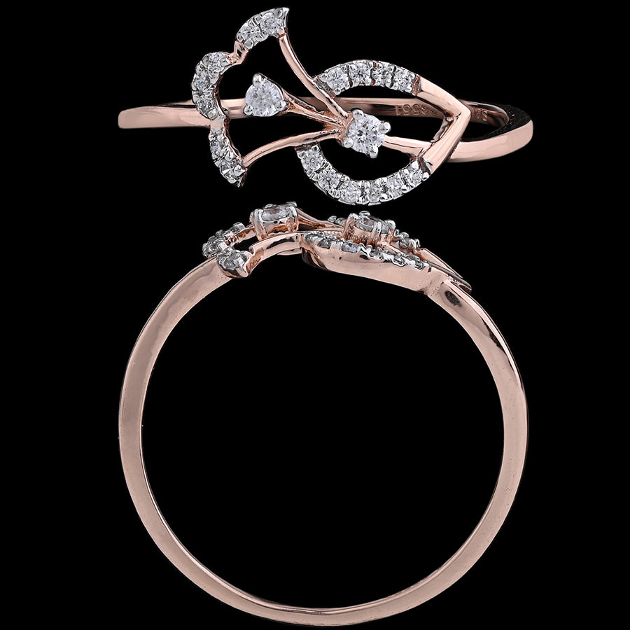 Elegant rose gold ring by jnjbymadhuri showcasing a twin-leaf design encrusted with sparkling diamonds, presented in both top and side views against a black background.
