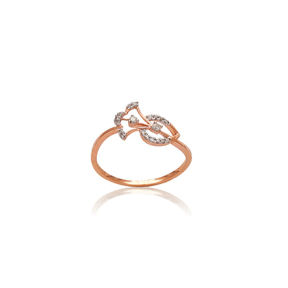 Delicate rose gold ring by jnjbymadhuri featuring a unique open design with two leaf-shaped motifs encrusted with small white diamonds, displayed on a white background with a soft reflection beneath.
