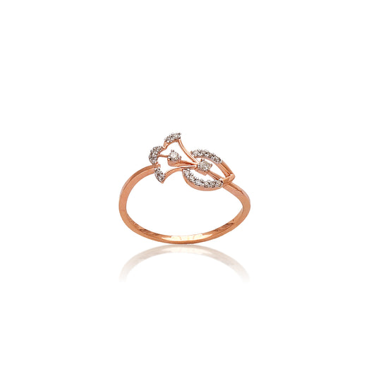 Delicate rose gold ring by jnjbymadhuri featuring a unique open design with two leaf-shaped motifs encrusted with small white diamonds, displayed on a white background with a soft reflection beneath.
