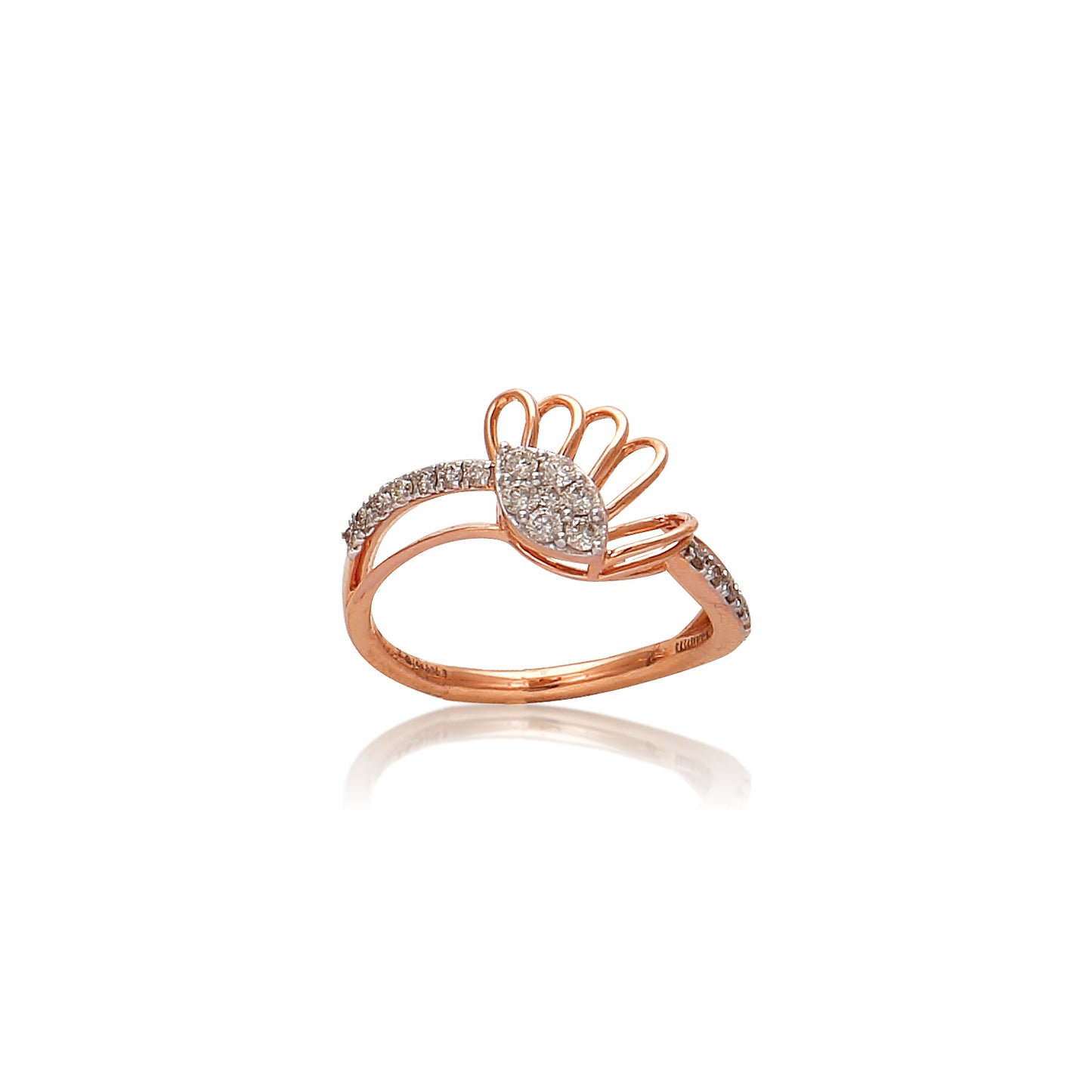Elegant rose gold ring featuring a delicate hand gesture motif adorned with sparkling diamonds. A graceful expression of style and charm by jnjbymadhuri.
