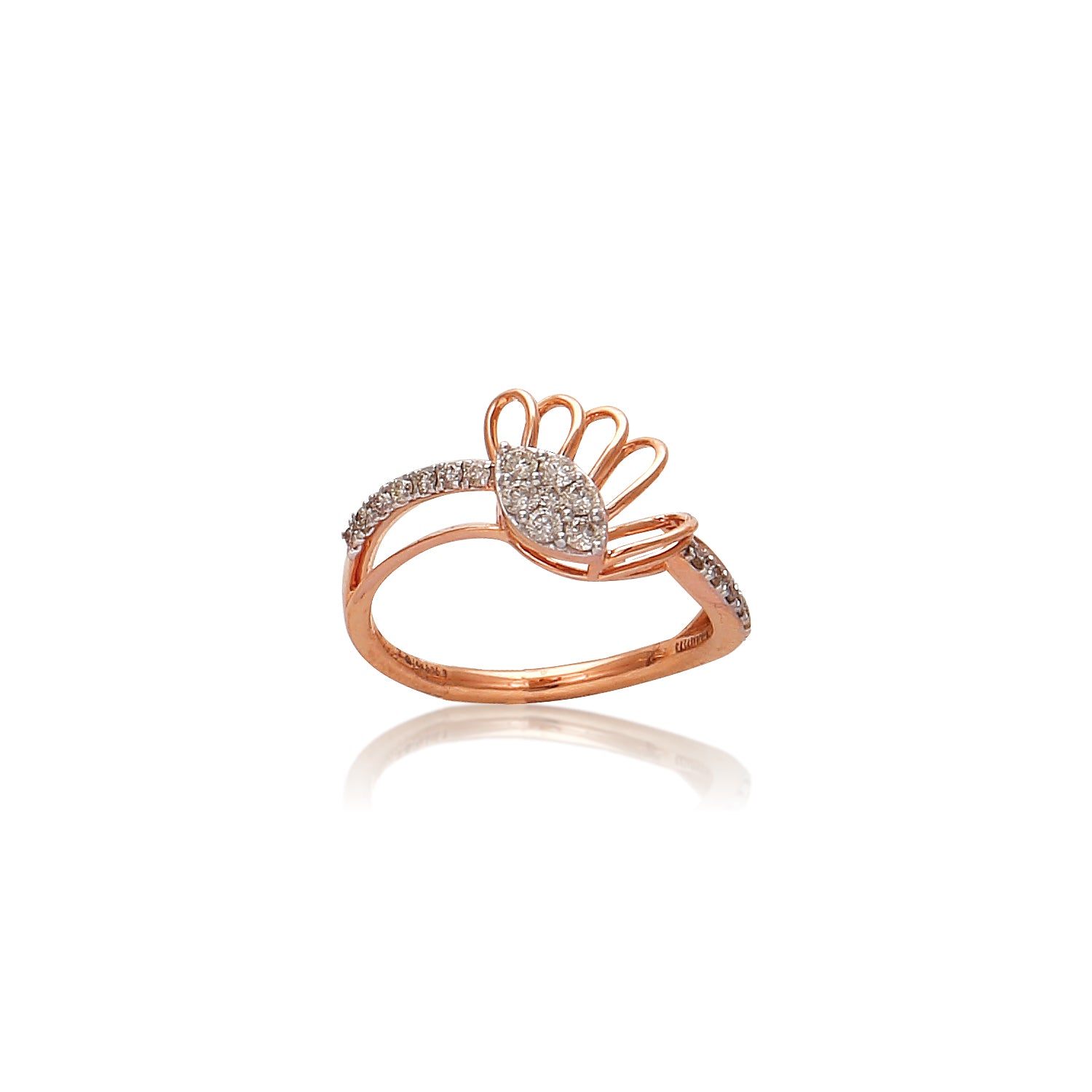 Elegant rose gold ring featuring a delicate hand gesture motif adorned with sparkling diamonds. A graceful expression of style and charm by jnjbymadhuri.
