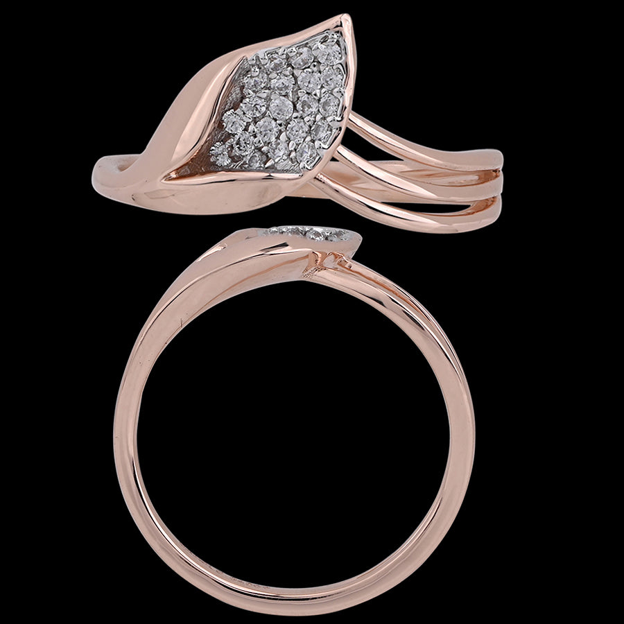 Elegant rose gold ring with a leaf-inspired design, encrusted with small diamonds on the top, displayed from both front and side angles on a black background.
