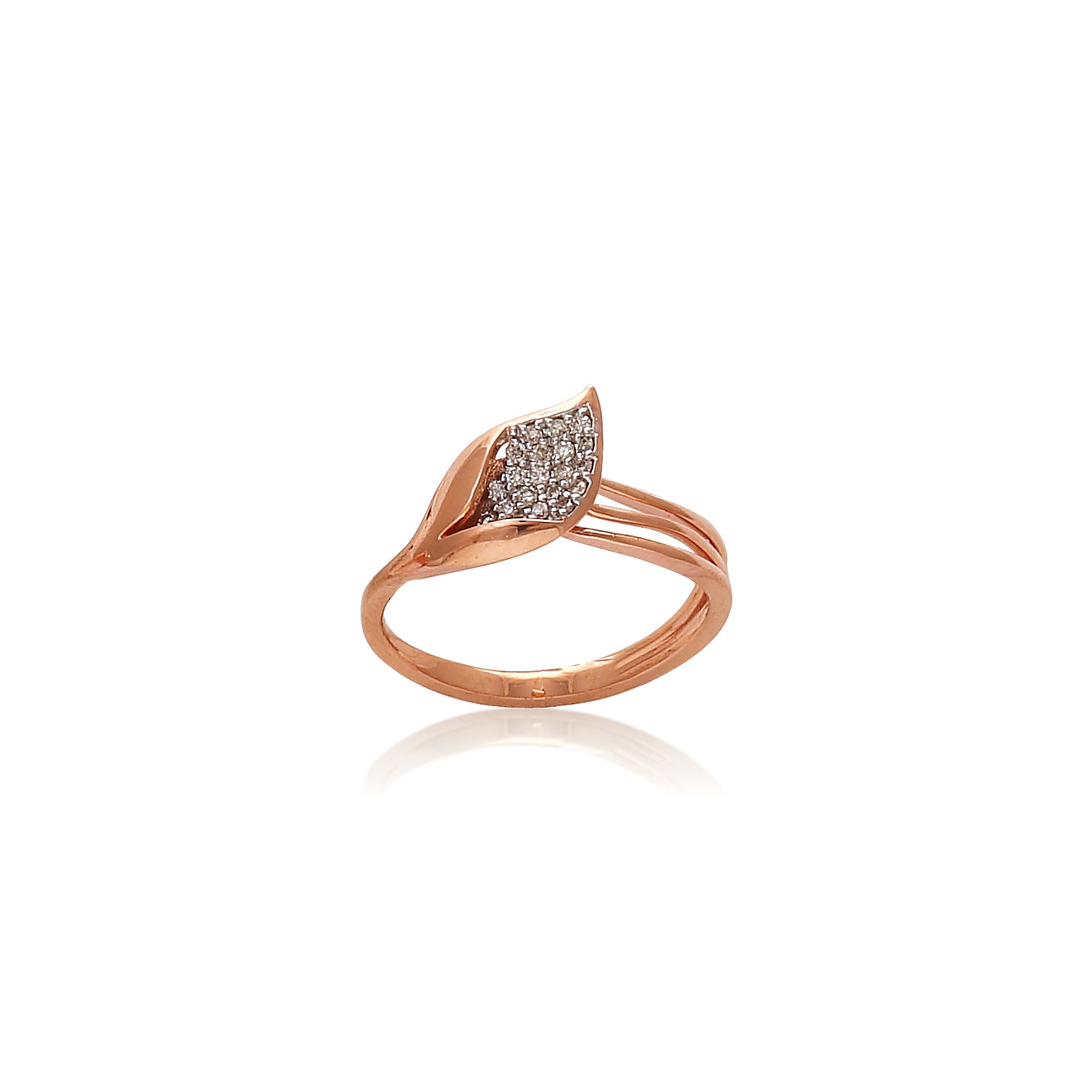 Elegant rose gold ring by jnjbymadhuri featuring a leaf-shaped design accented with sparkling diamonds on a polished split band.
