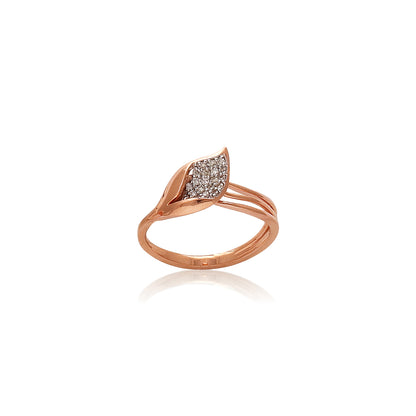 Elegant rose gold ring by jnjbymadhuri featuring a leaf-shaped design accented with sparkling diamonds on a polished split band.
