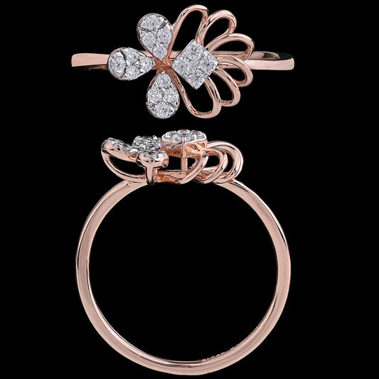 Rose gold ring featuring an intricate diamond-studded floral motif with flowing curves for a timeless statement. Elegantly crafted by jnjbymadhuri.
