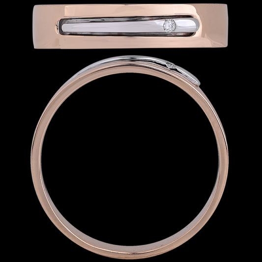 This ring showcases a bold rectangular face in rose gold, highlighted by a sleek horizontal white gold inlay and a single accent diamond. A clean, masculine design—another sophisticated creation from jnjbymadhuri.
