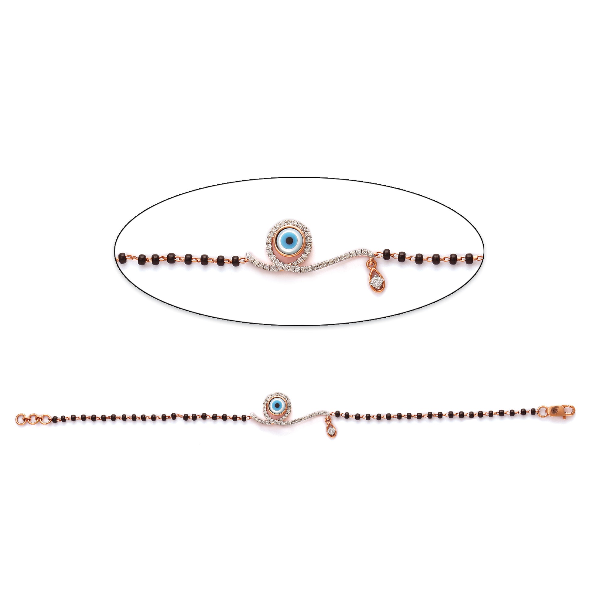 Stylish mangalsutra bracelet featuring an evil eye charm and classic black beads, designed for protection and elegance. A modern twist on tradition by jnjbymadhuri.

