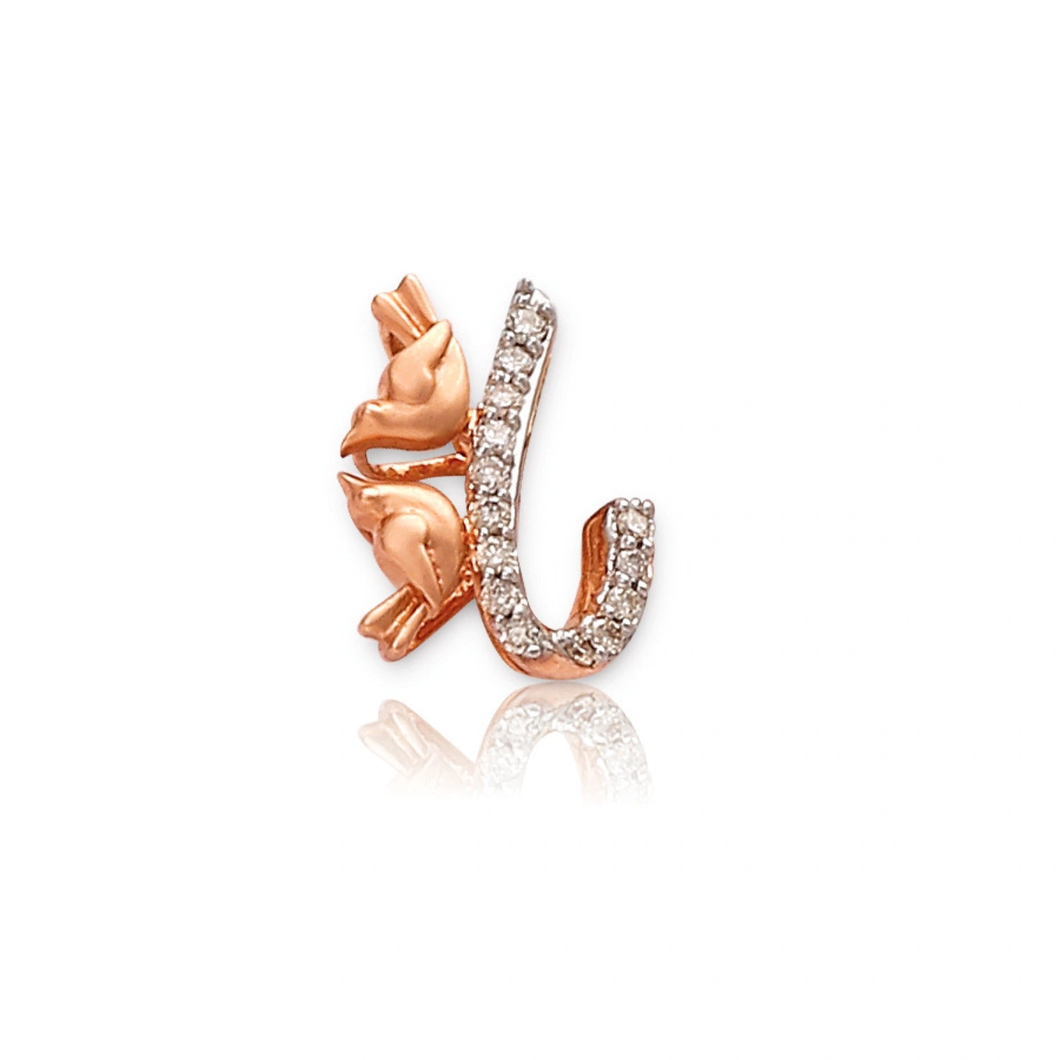 Rose gold pendant in the shape of the letter 'J', adorned with small white stones and floral detailing on the side, displayed on a white background with a subtle reflection.

