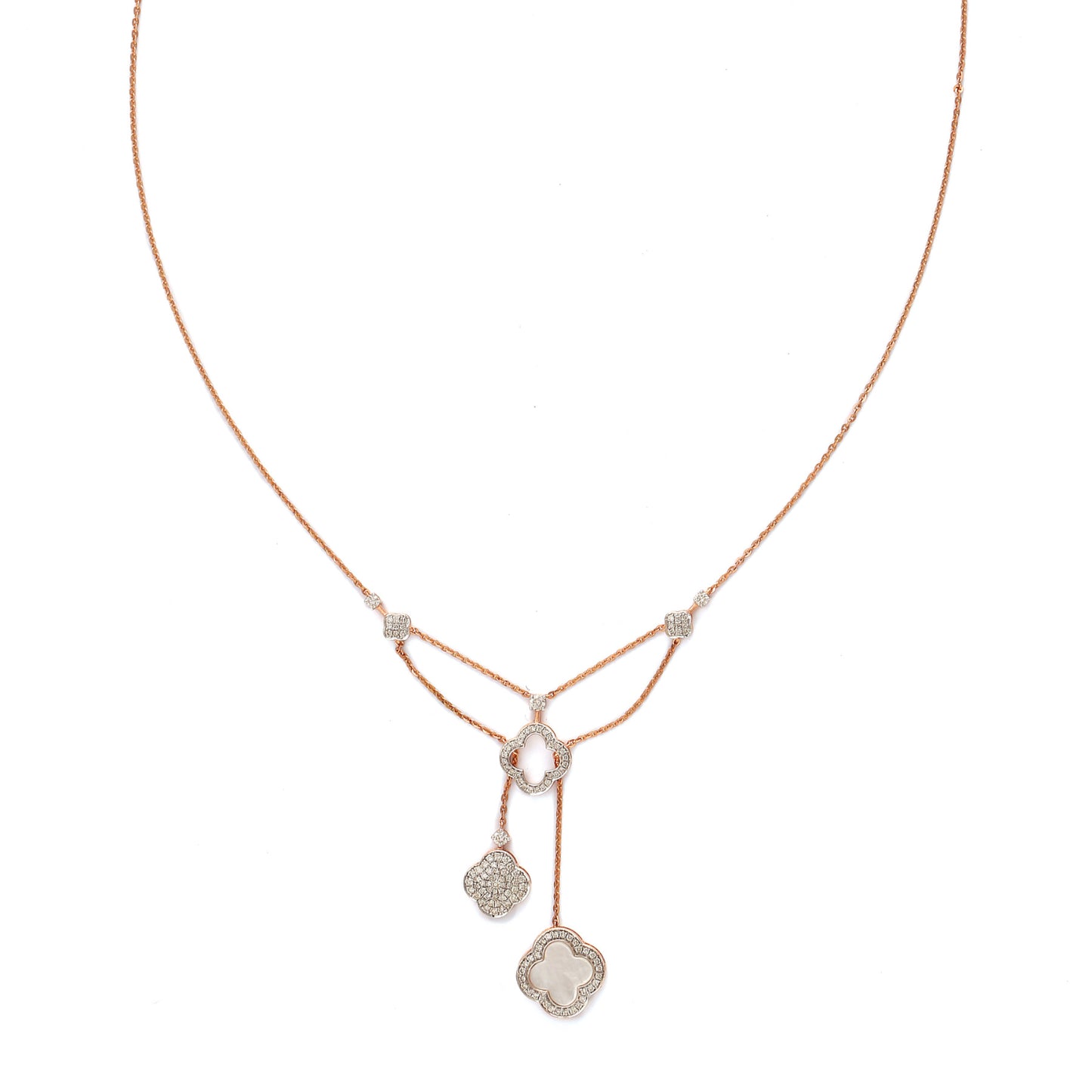 Delicate rose gold necklace featuring a dual-drop pendant design with diamond-studded geometric charms, created by jnjbymadhuri, displayed on a white background.
