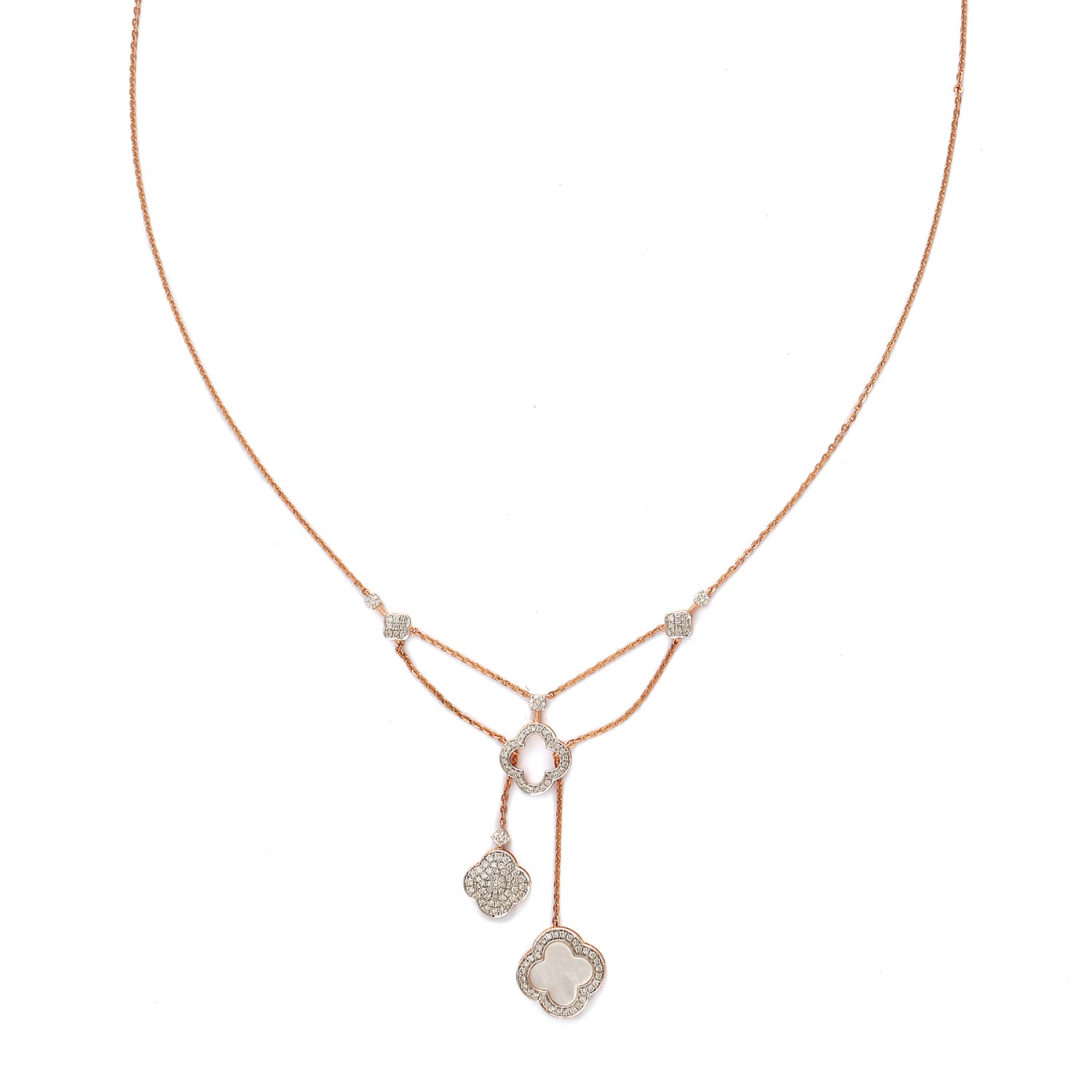 Delicate rose gold necklace featuring a dual-drop pendant design with diamond-studded geometric charms, created by jnjbymadhuri, displayed on a white background.
