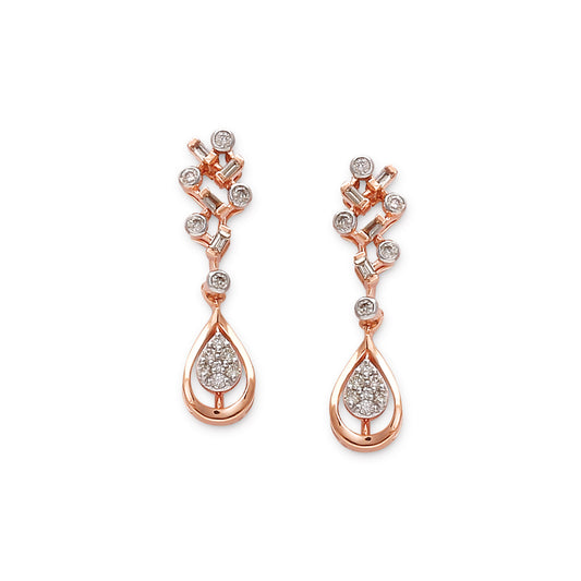 Elegant rose gold drop earrings featuring a teardrop design accented with sparkling diamonds, a graceful piece from jnjbymadhuri.
