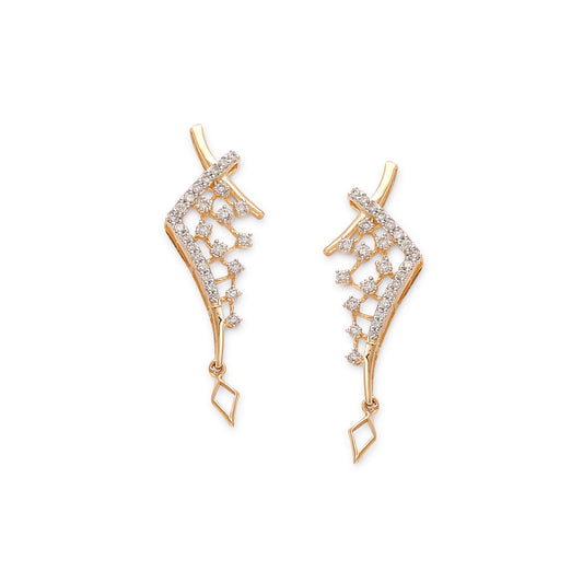 Stylish gold-toned earrings featuring a wing-like silhouette adorned with shimmering diamonds, crafted to perfection by jnjbymadhuri.
