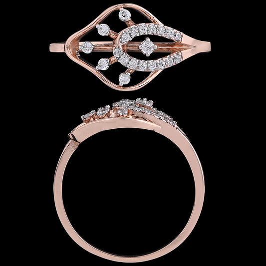 Rose gold ring by jnjbymadhuri featuring a leaf-inspired design adorned with sparkling diamonds and marquise-cut accents, displayed on a black background showing both top and side profiles.
