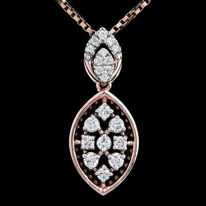 Close-up image of a rose gold pendant necklace with a marquise-shaped design featuring multiple round and baguette diamonds, suspended on a rose gold chain against a black background.
