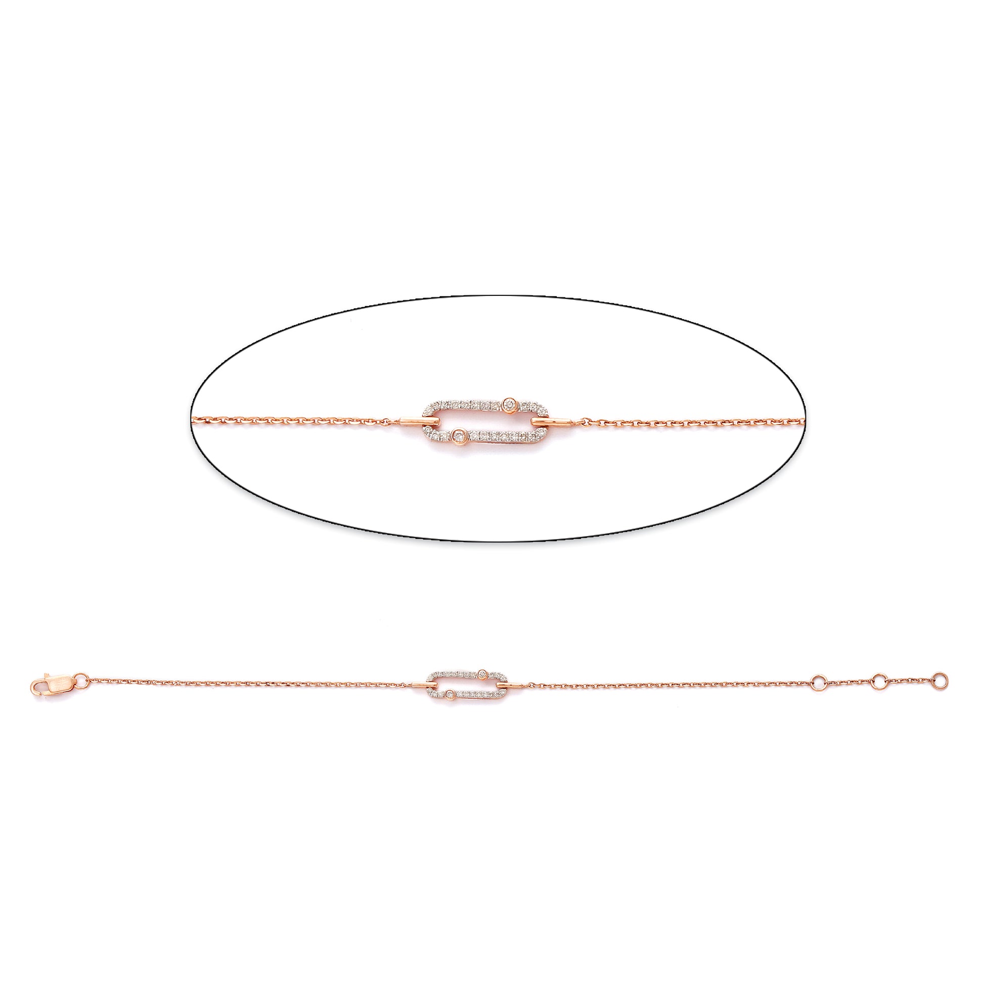 A delicate rose gold bracelet by jnjbymadhuri, showcasing a sleek, rectangular centerpiece encrusted with shimmering stones—an elegant and minimalist design ideal for everyday sophistication.

