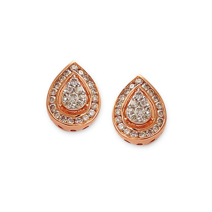Rose gold teardrop earrings by jnjbymadhuri, adorned with concentric rows of sparkling diamonds, set against a clean white background.
