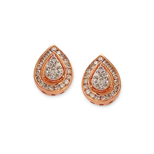 Rose gold teardrop earrings by jnjbymadhuri, adorned with concentric rows of sparkling diamonds, set against a clean white background.
