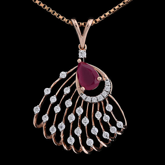 Rose gold necklace featuring a fan-shaped pendant with a central red teardrop gemstone and sparkling diamond accents, designed by jnjbymadhuri, displayed on a black background.
